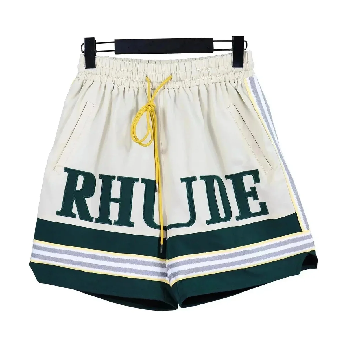 Rhude Rhude Cream & Green Lettering Shorts Cream - 1
