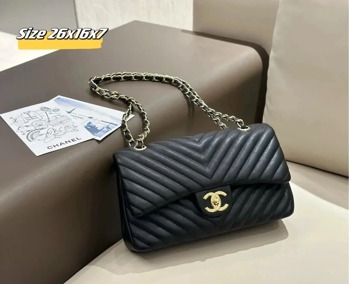 Chanel Classic Flap Black Chevron Leather Bag