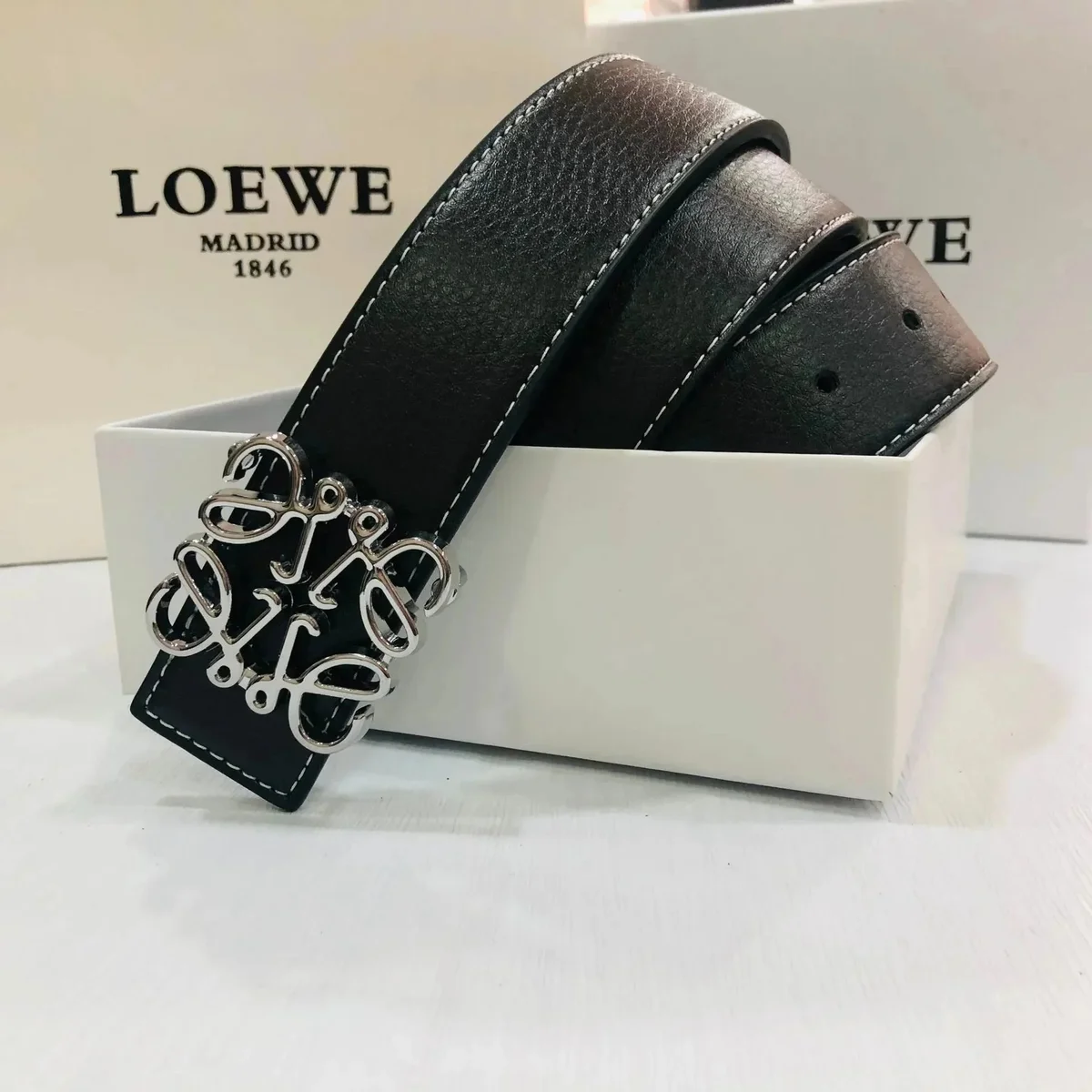 Loewe Loewe Anagram Black Silver Buckle Belt Black
