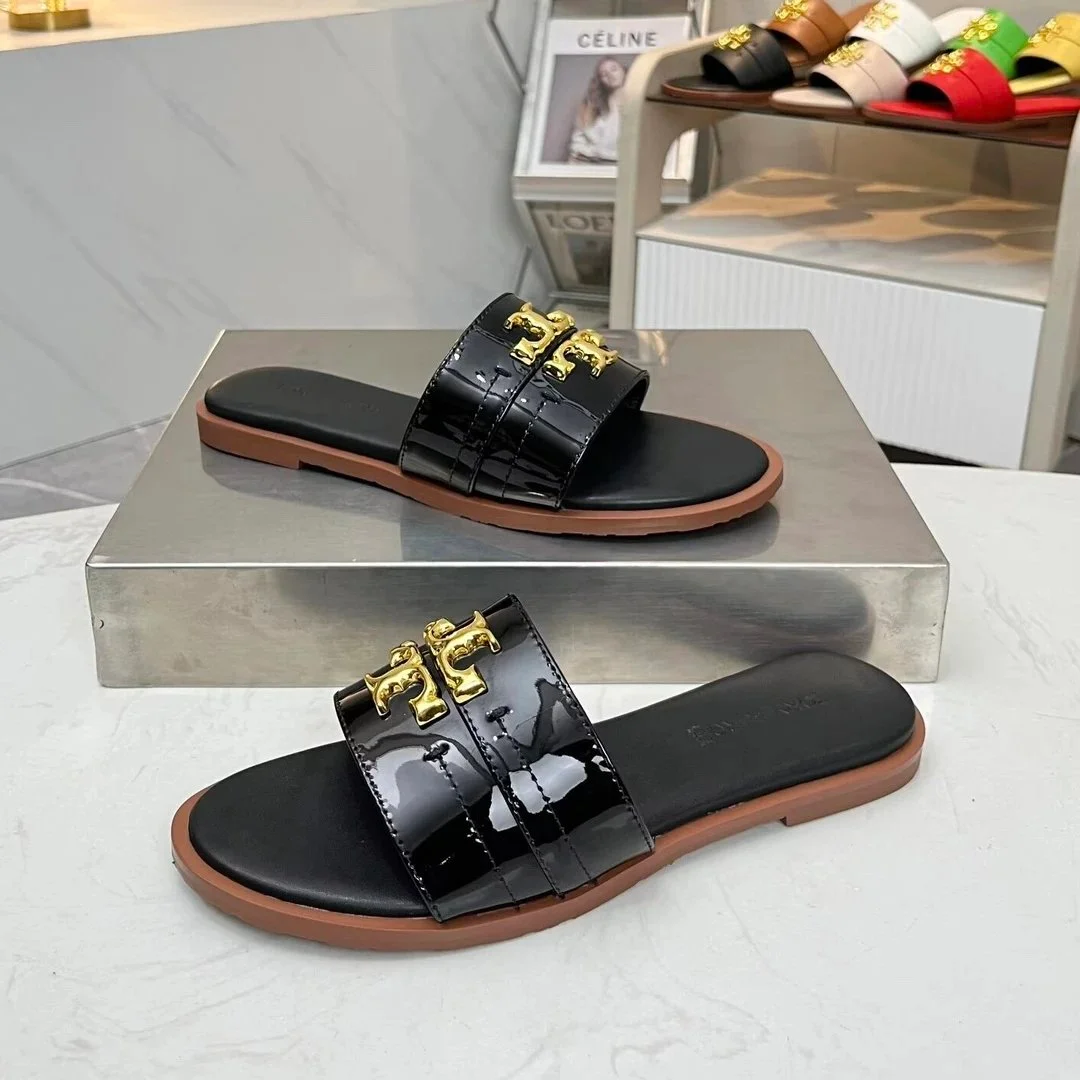 Tory Burch Tory Burch T-Logo Black Patent Leather Sandals Black - 1