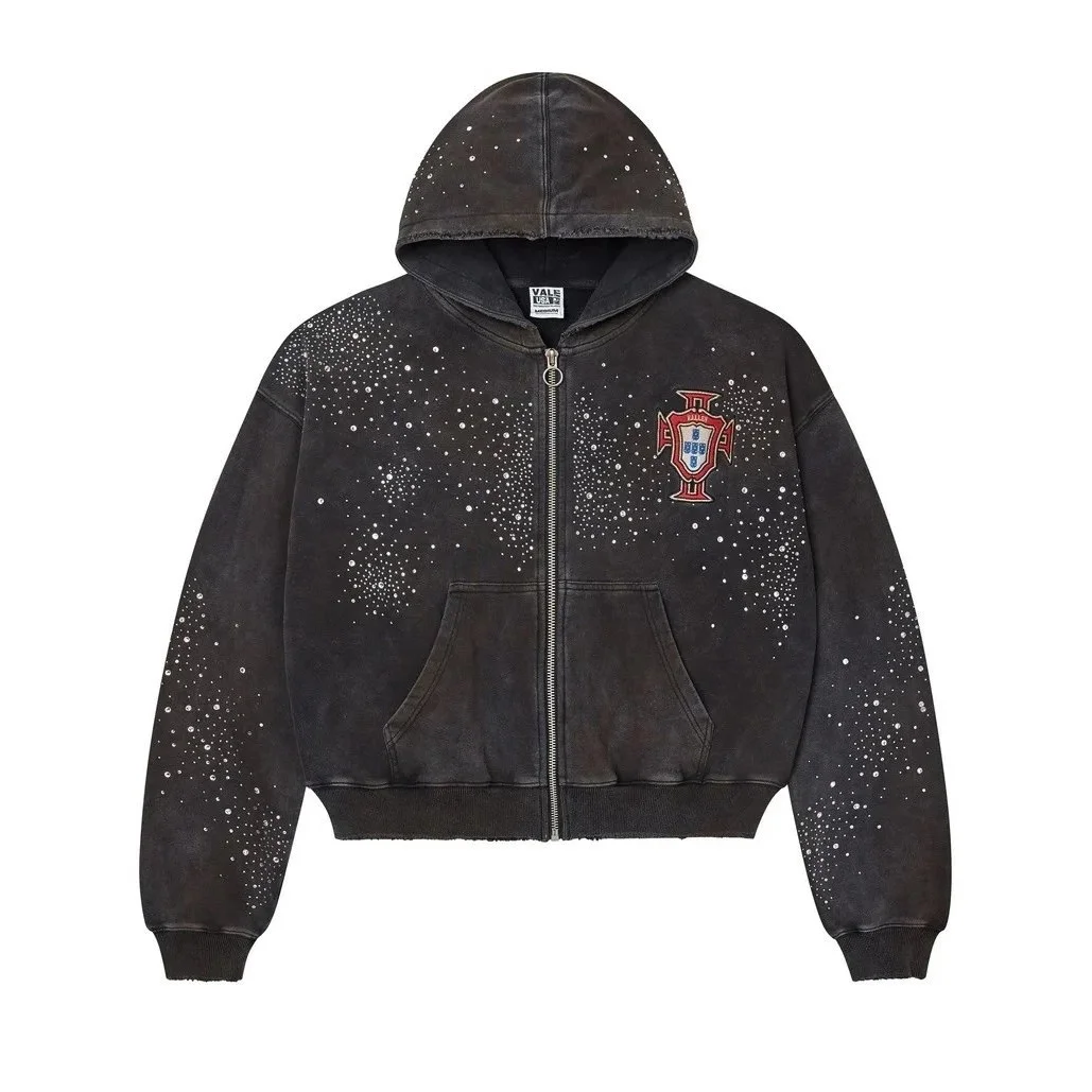 Other Unisex Dark Washed Zip-Up Hoodie with Embroidered Crest YN-32 Black - 1