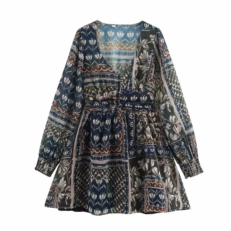 Other Unknown Brand Printed V-neck Mini Dress Multicolor