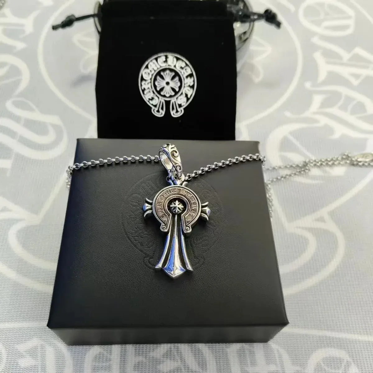 Chrome Hearts Chrome Hearts CH Cross Horseshoe Pendant with Pearl Chain Necklace Silver