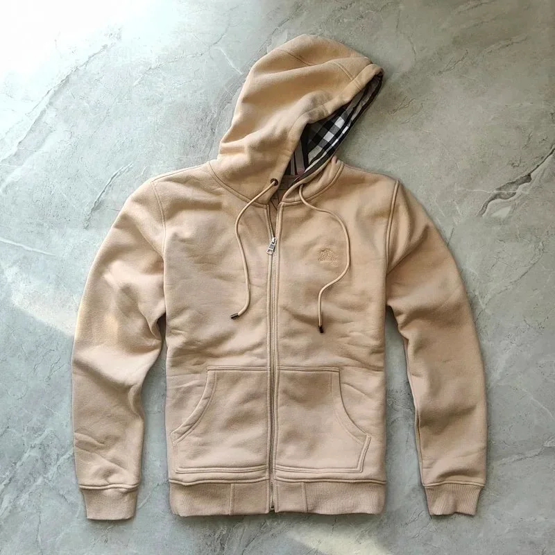 Beige Zip-Up Hoodie with Checkered Lining