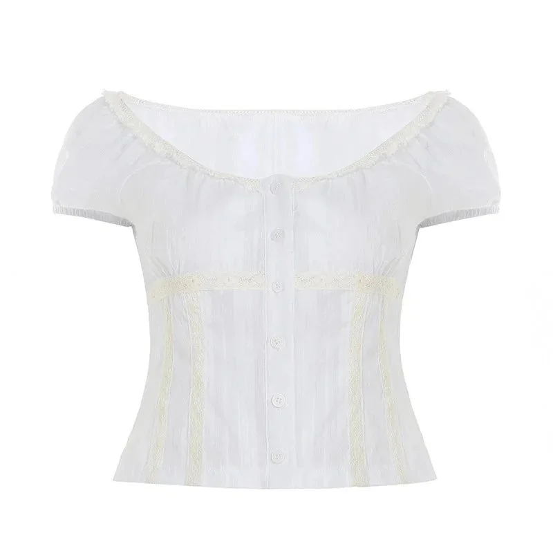Other White Lace Trim Button-Up Blouse Top White - 1