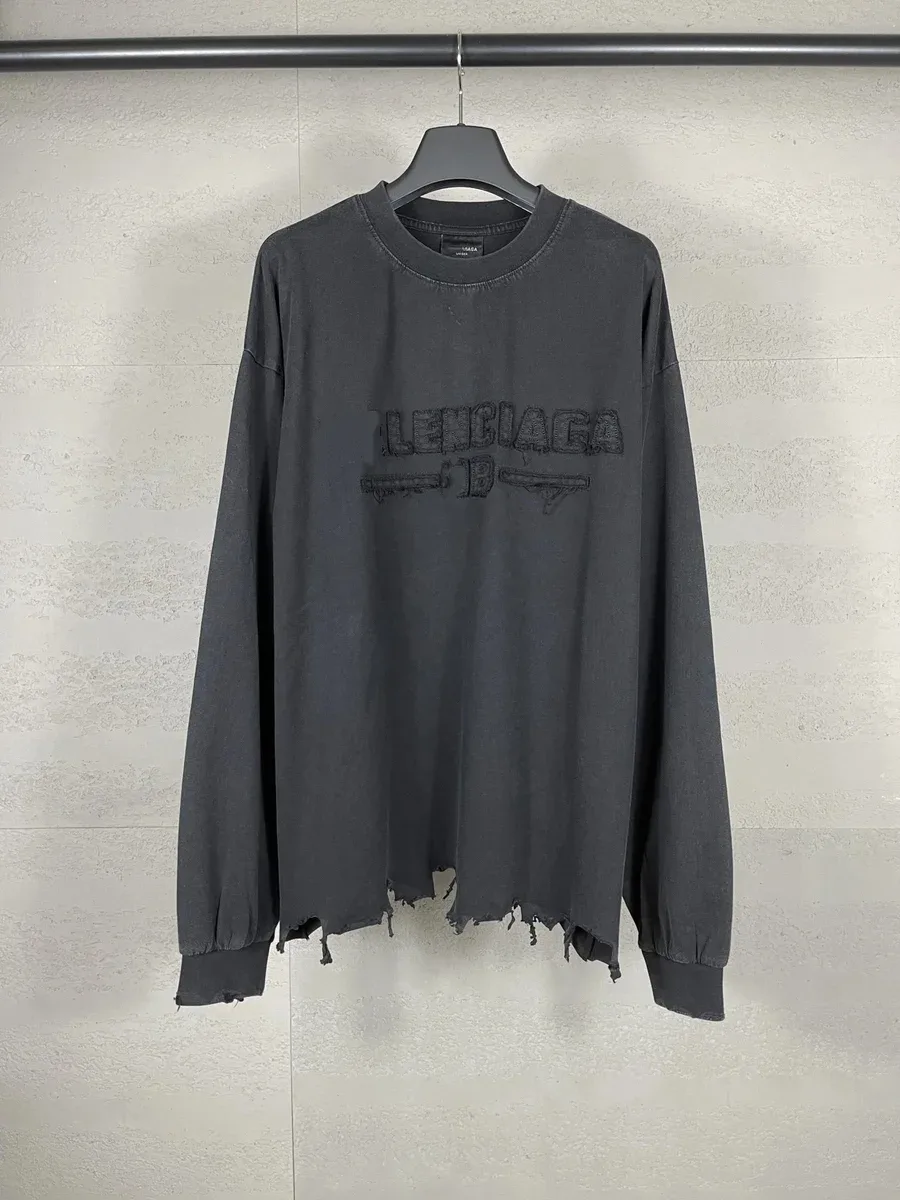 Balenciaga Balenciaga Washed Black Distressed Long-Sleeve Sweater Black