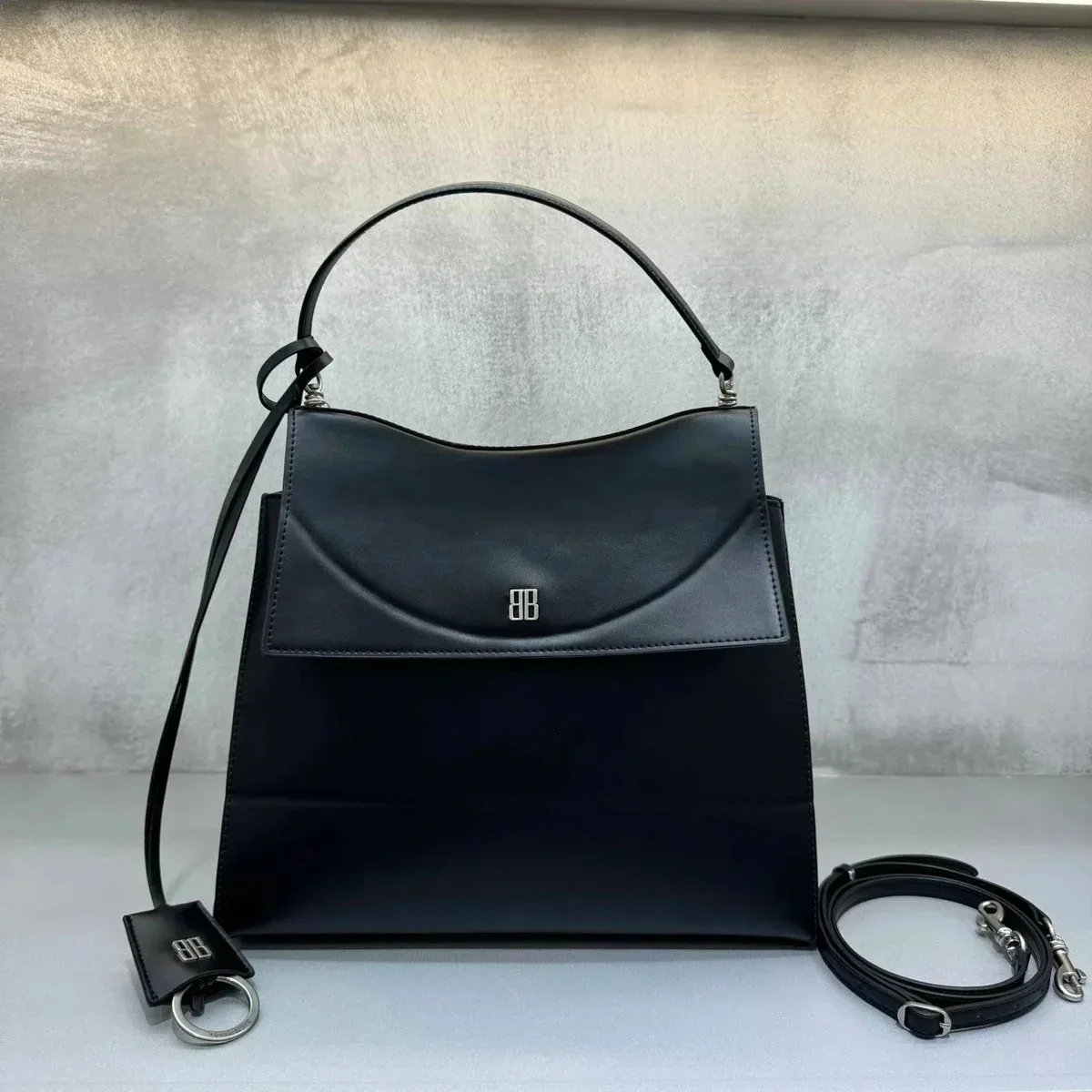 Other Black BB Leather Handbag with Detachable Strap Black - 1