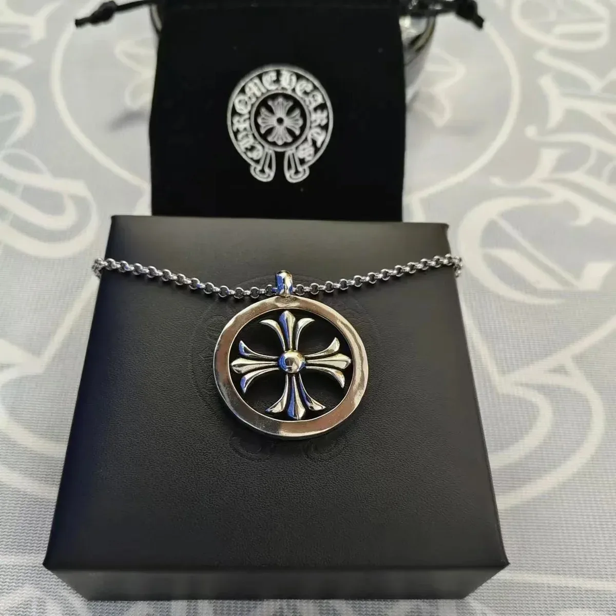 Chrome Hearts Chrome Hearts CH Cross Silver Circular Cross with Pearl Chain Necklace Silver