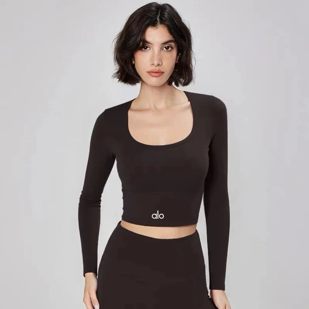 Alo Yoga Alo Yoga Wander U-Neck Long Sleeve Crop Top Oxblood Brown Brown - 1