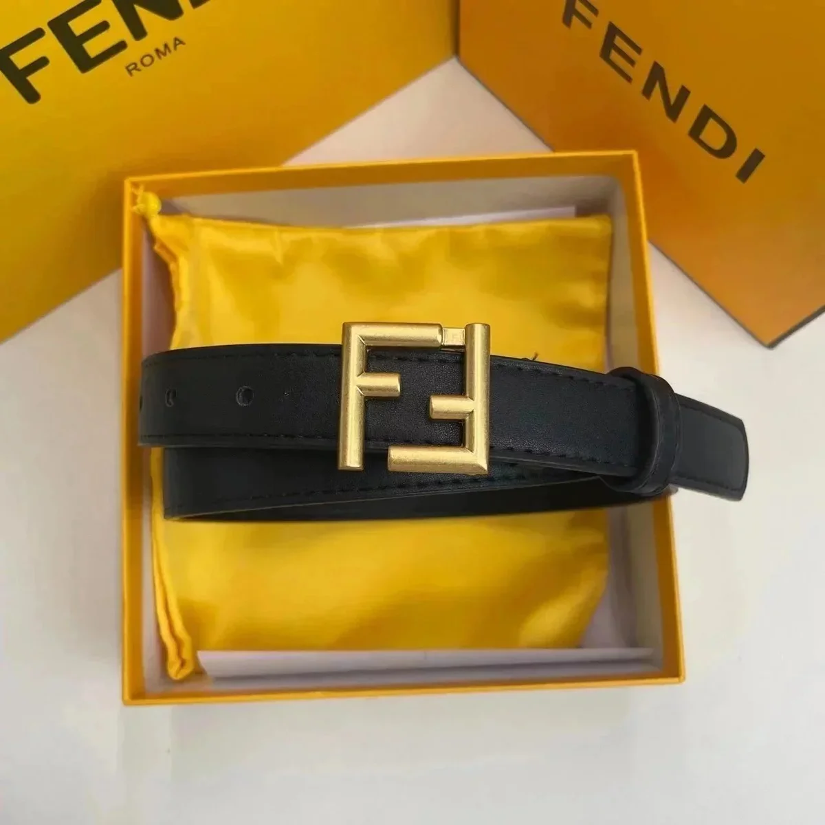 Fendi Fendi Iconic Black/Gold Leather Belt Black