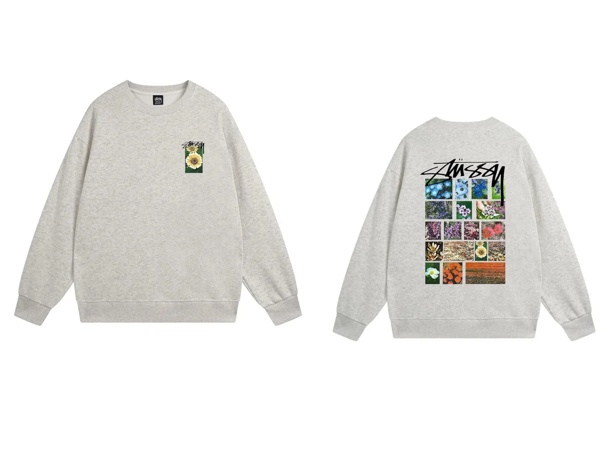 Stussy Stussy Stüssy Flower Print Crewneck Sweatshirt Grey - 1