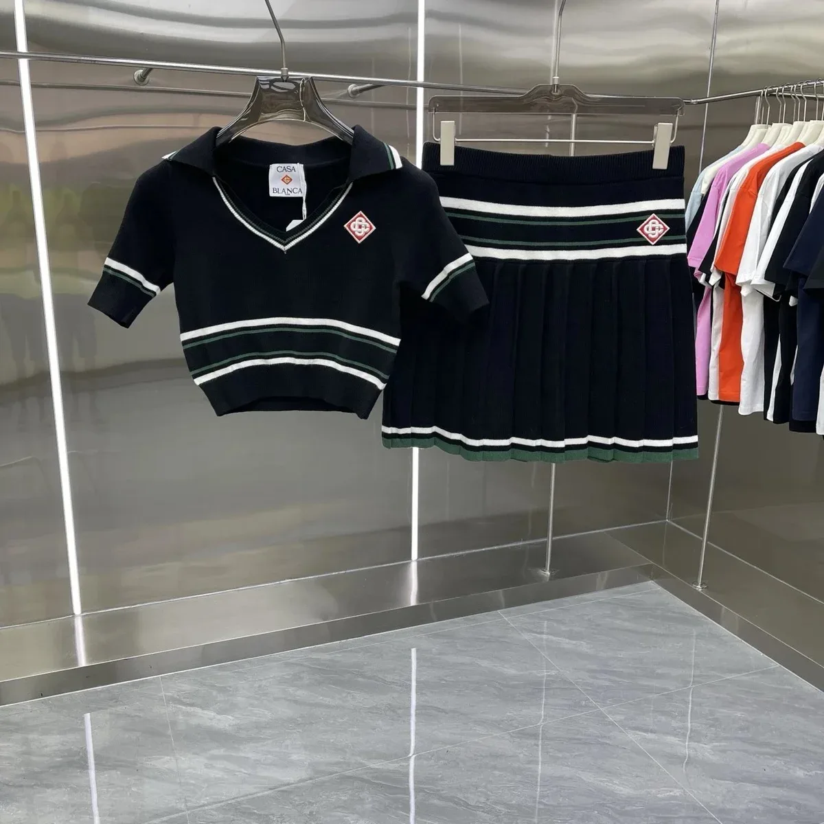 Casablanca Casa Blanca Polo Top & Skirt Set Navy Stripe Co-ord Navy