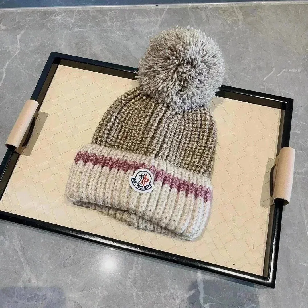 Moncler Beige & Grey Knit Beanie with Pom-Pom