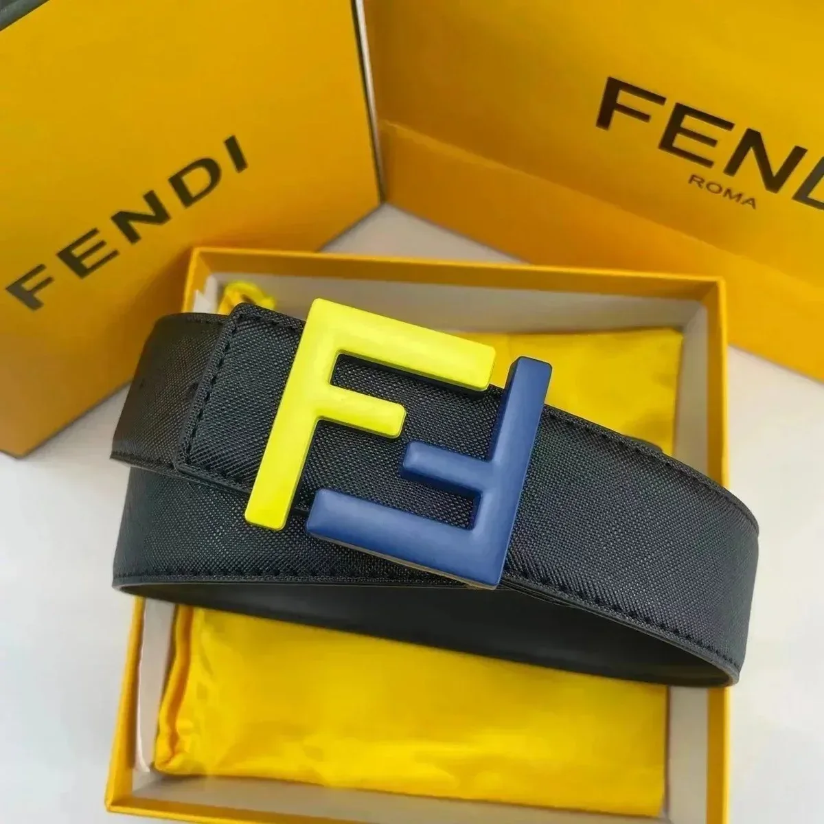 Fendi Fendi FF Logo Black/Yellow/Blue Belt Black