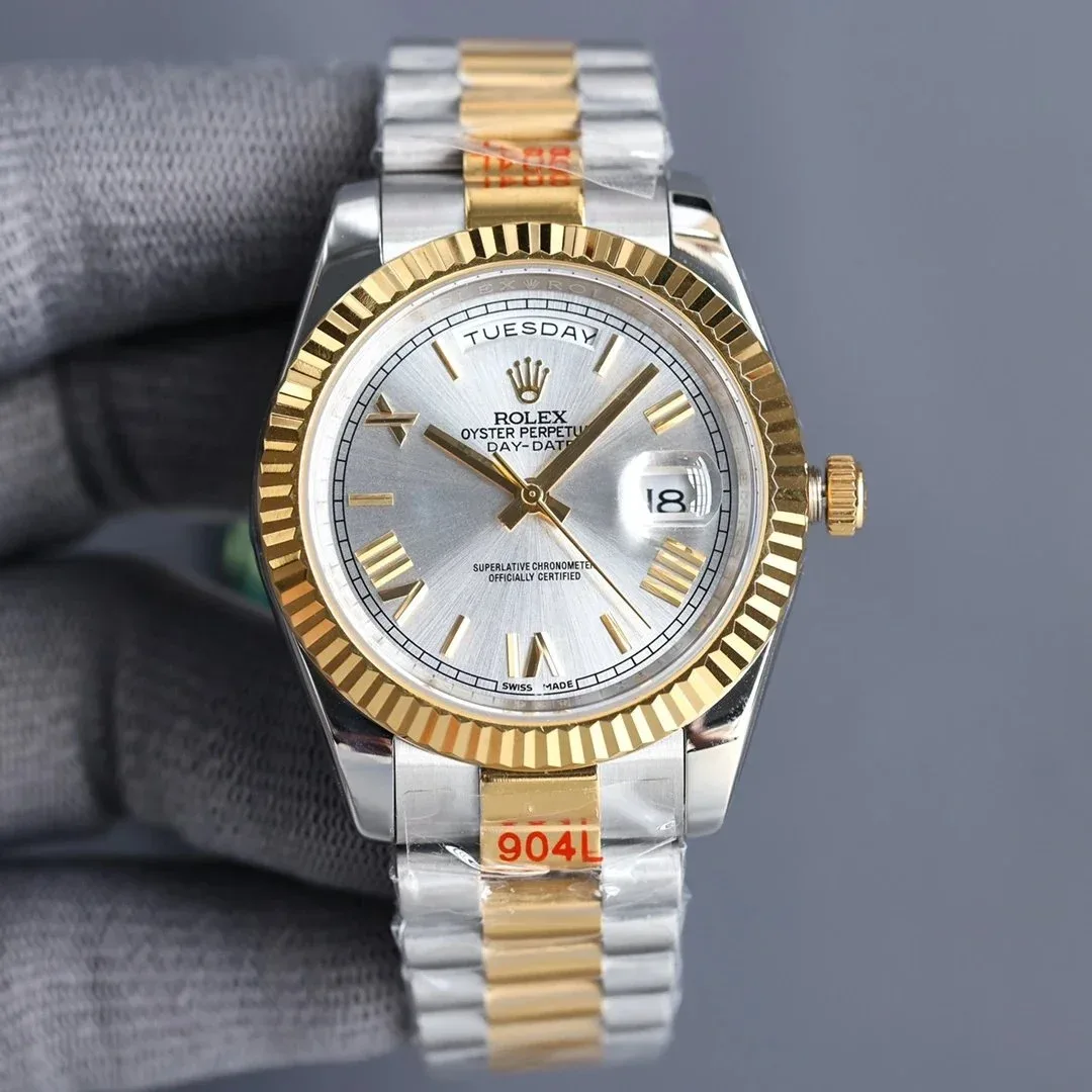 Rolex Rolex Oyster Perpetual Day-Date Silver Dial Gold Bezel Steel Band 36MM Silver - 1
