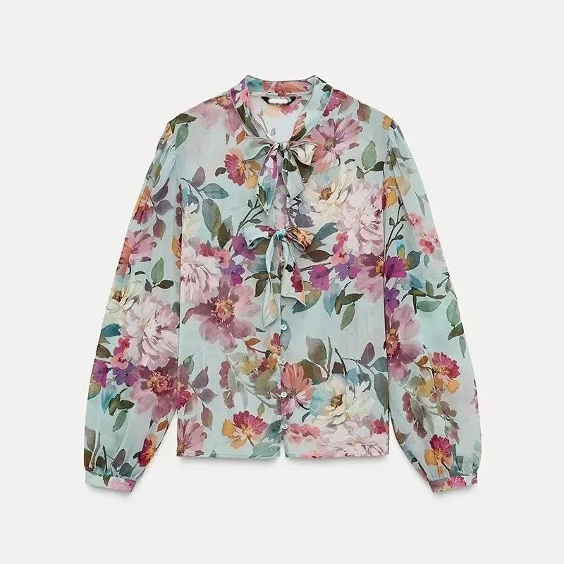Other Floral Print Blouse with Bow Neckline Multicolor - 1