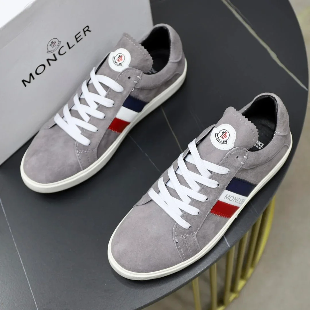 Moncler Moncler Grey Suede Sneakers with Red White Blue Stripes Grey