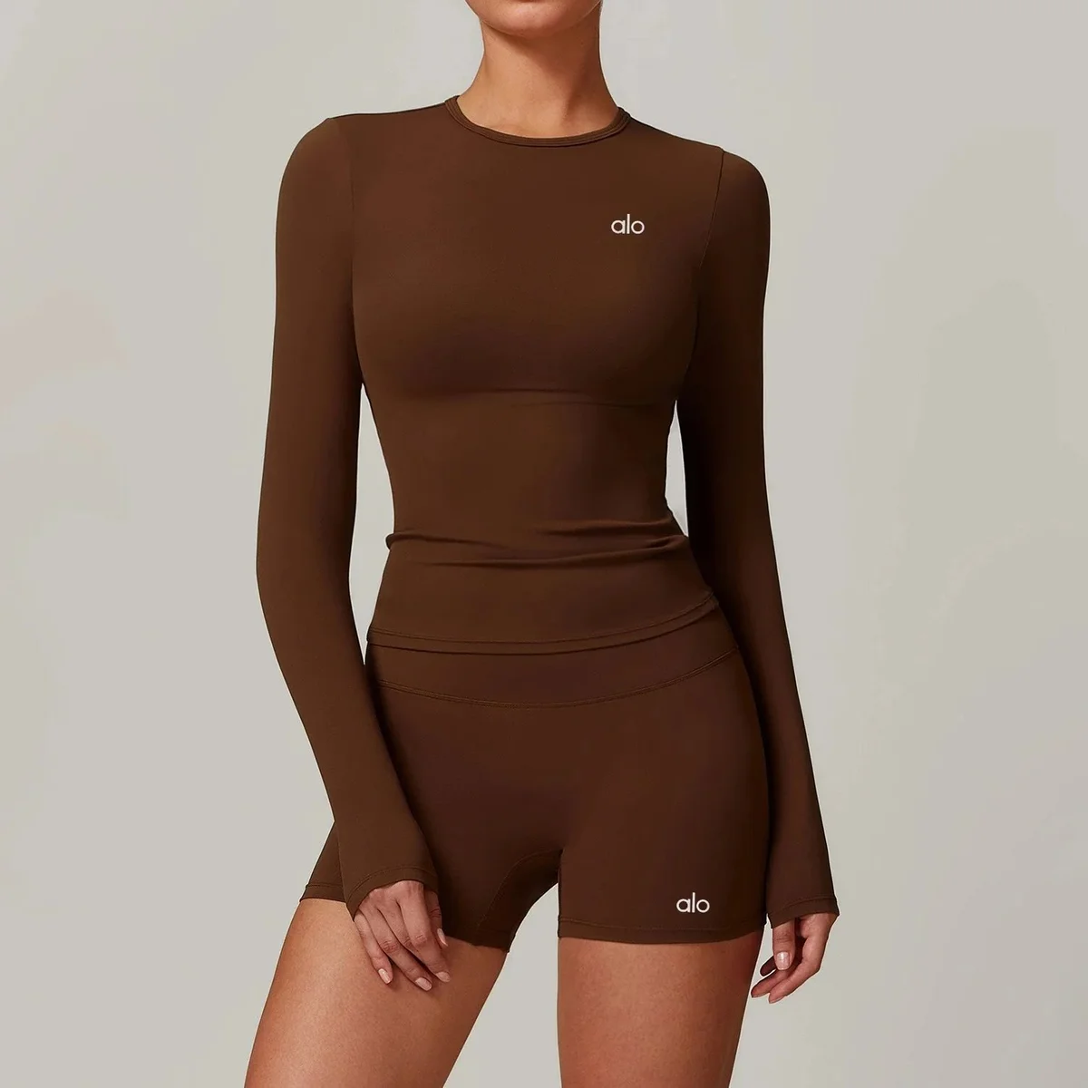 Alo Yoga Alo Chocolate Brown Long Sleeve Top & Shorts Set Brown - 1