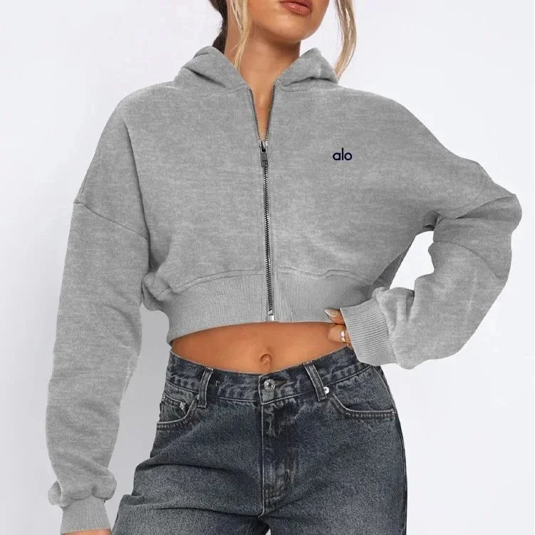 Alo Yoga Alo Cropped Zip-Up Hoodie in Flower Grey Grey - 1