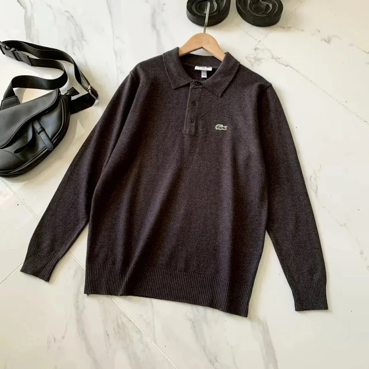 Lacoste Lacoste Polo Neck Sweater Dark Brown Knit Top Brown - 1