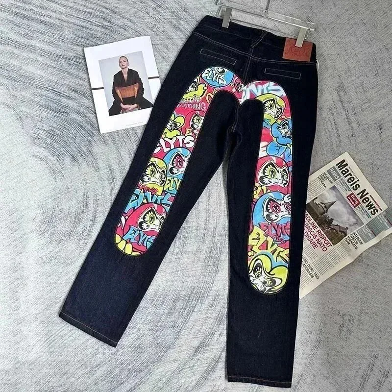 Other Unisex Graffiti Print Denim Jeans Black - 1