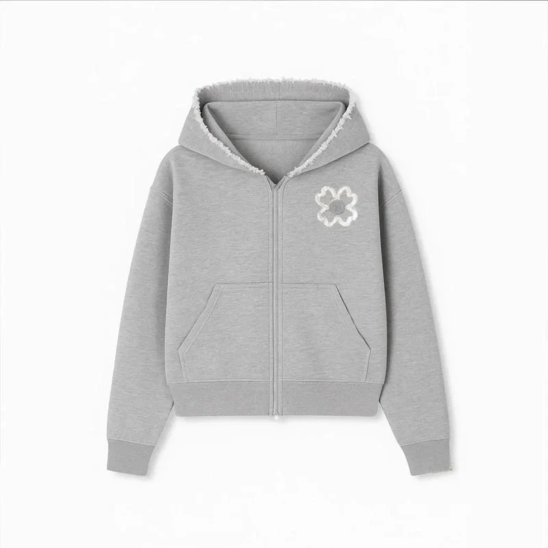 Other Gray Hoodie with Flower Embroidery and Frayed Trim Grey - 1