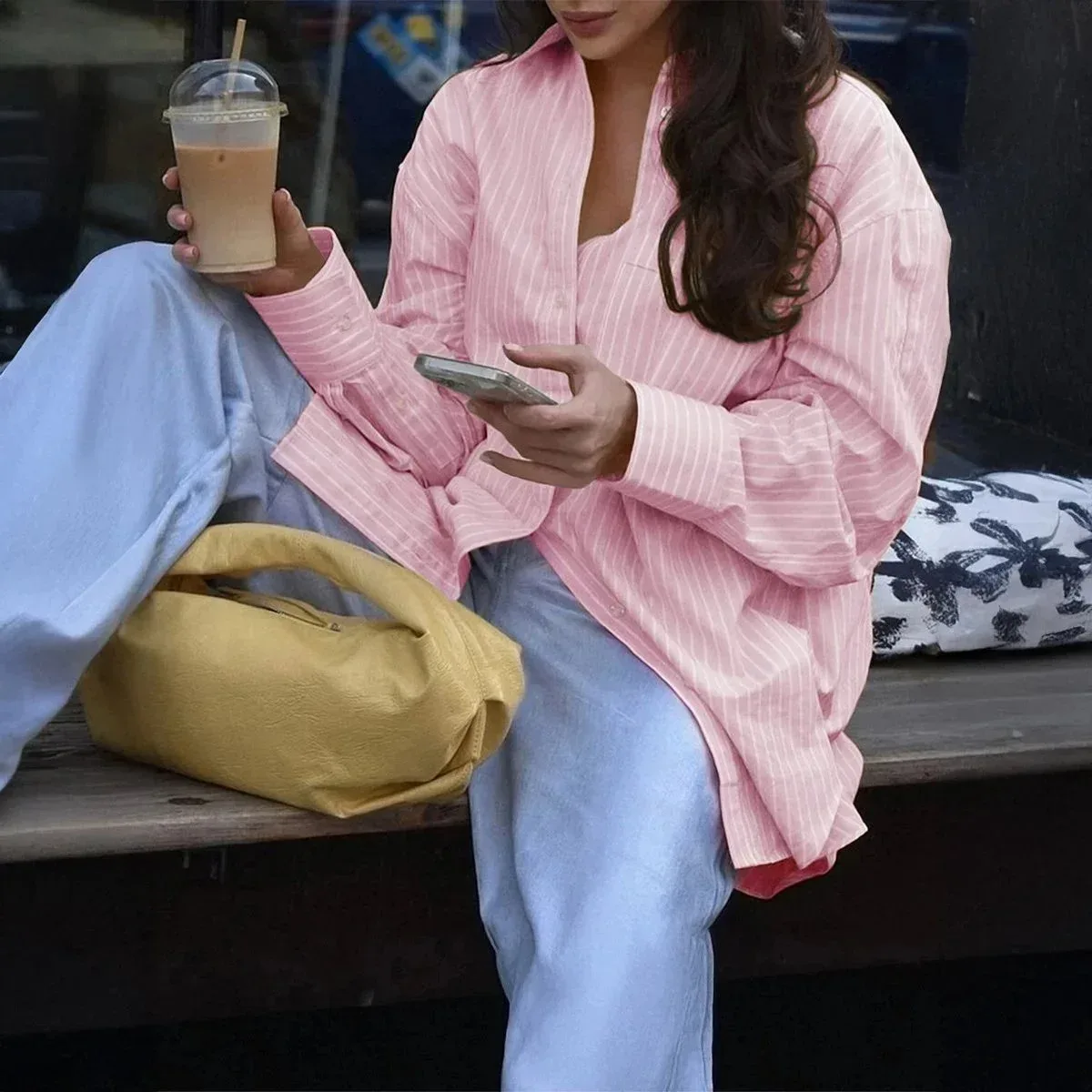 Other Pink Striped Oversized Shirt with Solid Blue Jeans Pink - 1