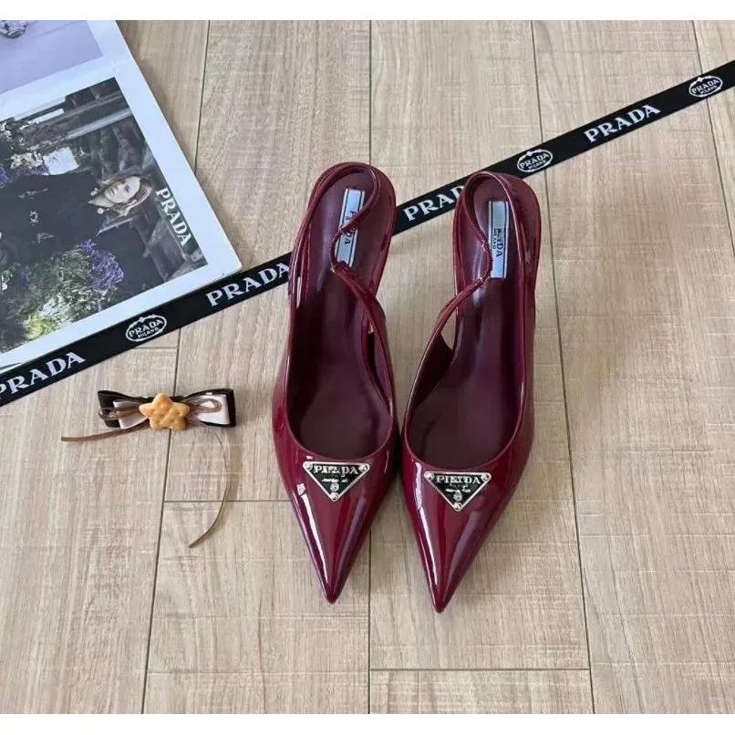 Prada Prada Triangle Logo Burgundy Slingback Heels Red