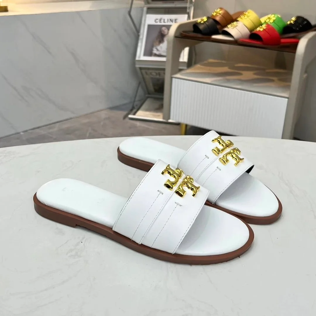 Tory Burch Tory Burch White TT Logo Slippers White - 1