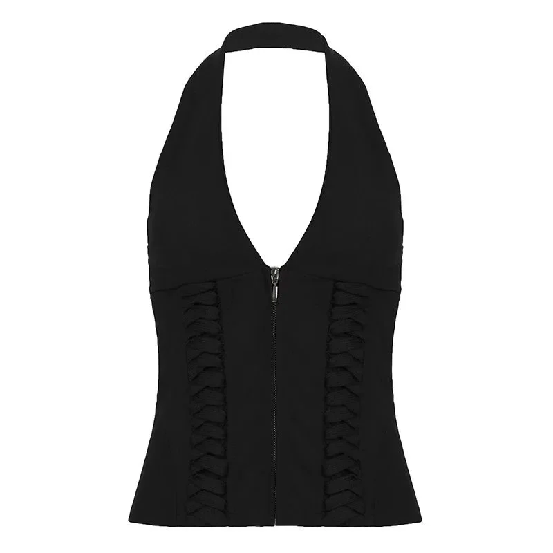 Other Black Halter Top with Zipper Detail Black - 1