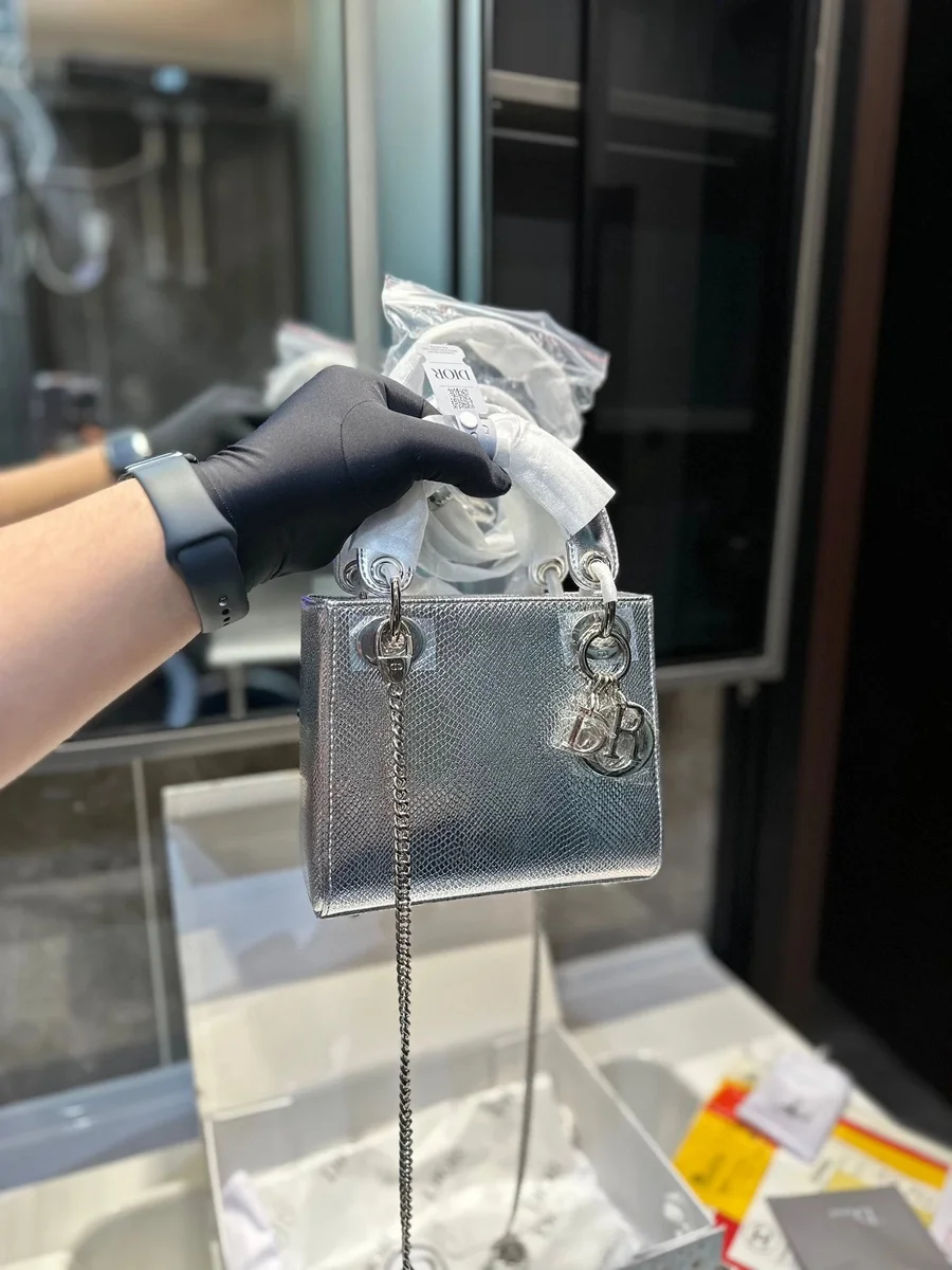 Dior Dior Lady Dior Silver Snake Leather Handbag Silver - 1