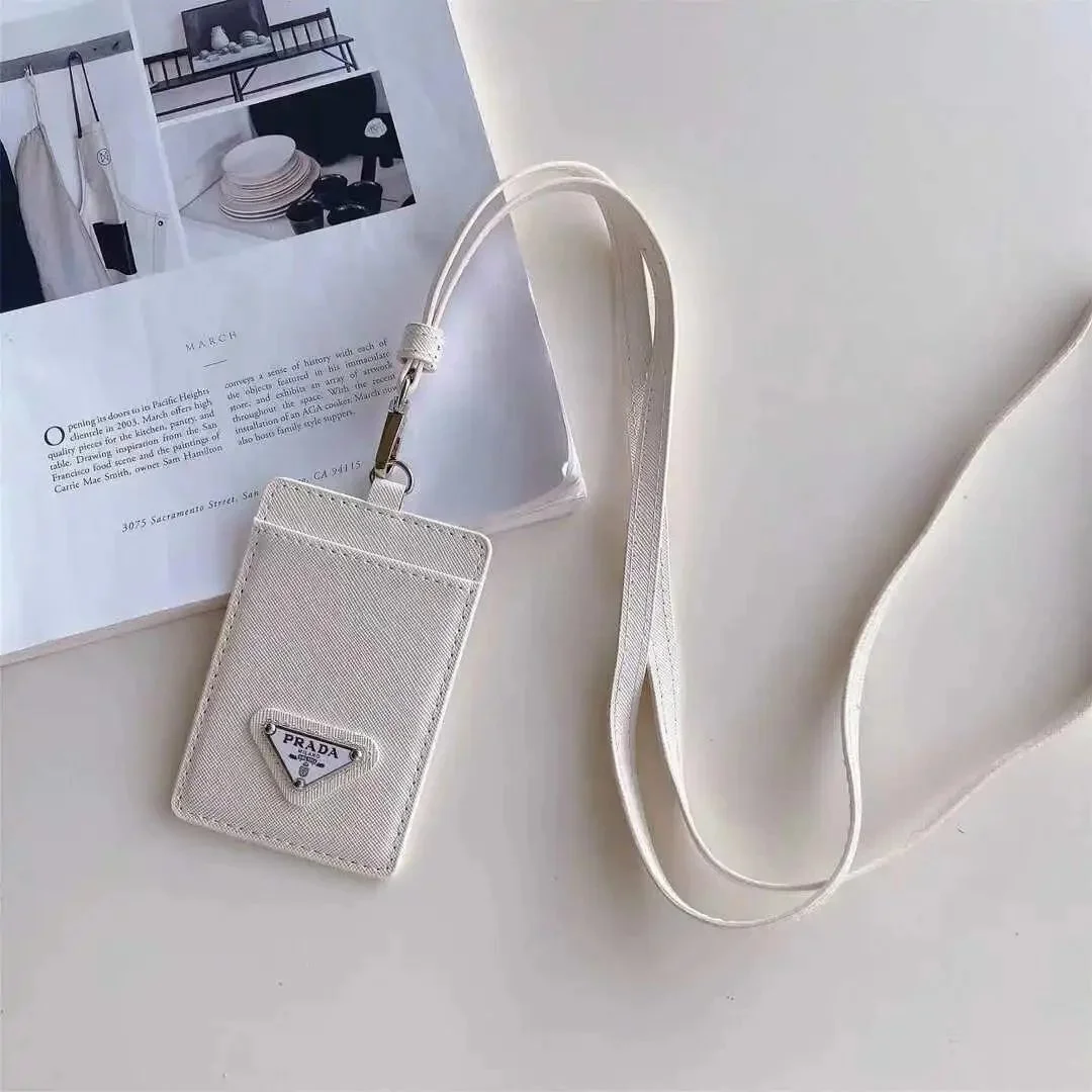 Prada Prada Triangle Logo Saffiano Leather Lanyard Card Holder Cream Cream - 1