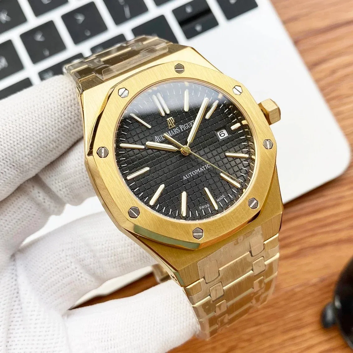 Audemars Piguet Audemars Piguet Royal Oak Gold Case Black Dial Steel Band Watch Gold - 1