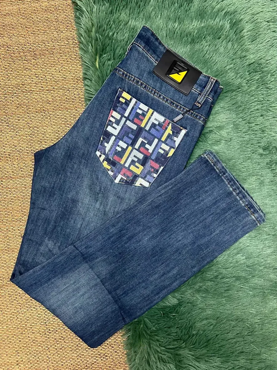 Fendi Fendi FF Monogram Multicolor Print Pocket Jeans Blue