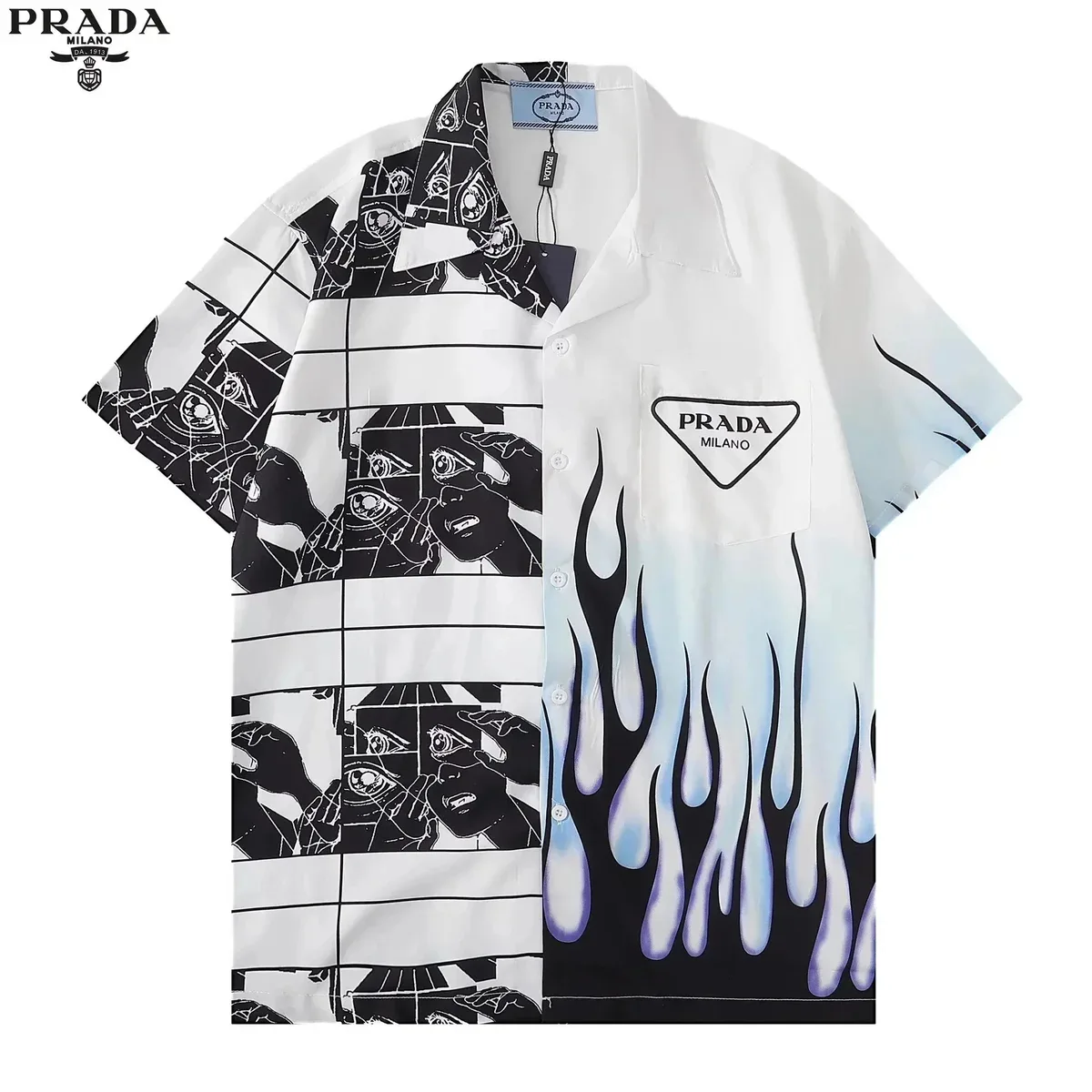 Prada Prada White & Black Flame Print Short Sleeve Shirt White - 1