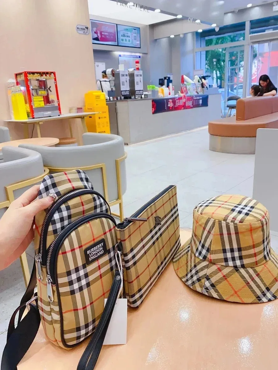 Burberry Burberry TB Monogram Vintage Check Bucket Hat & Crossbody Bag Set Beige - 1