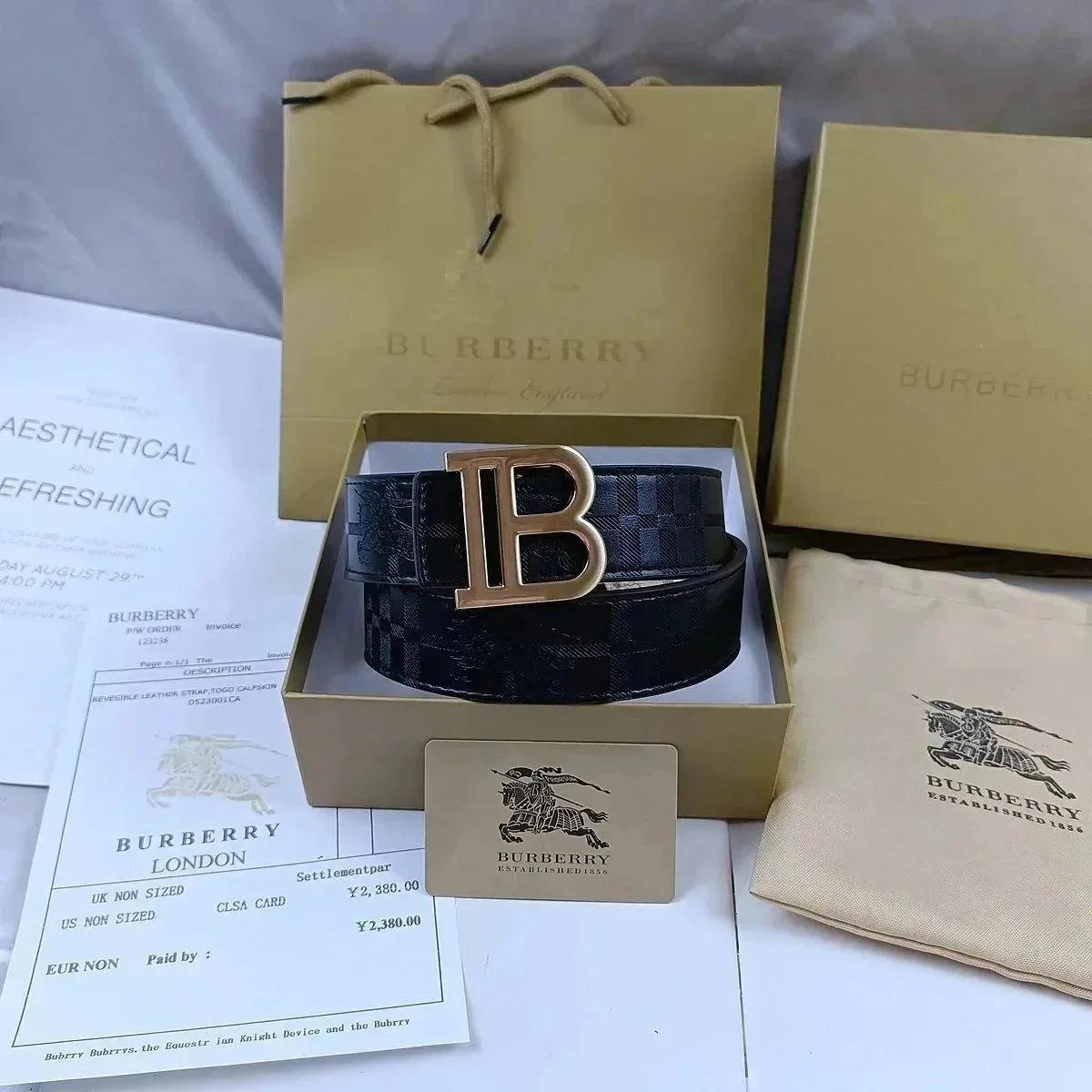 Burberry Burberry Black Check Belt with Gold 'B' Buckle Black - 1
