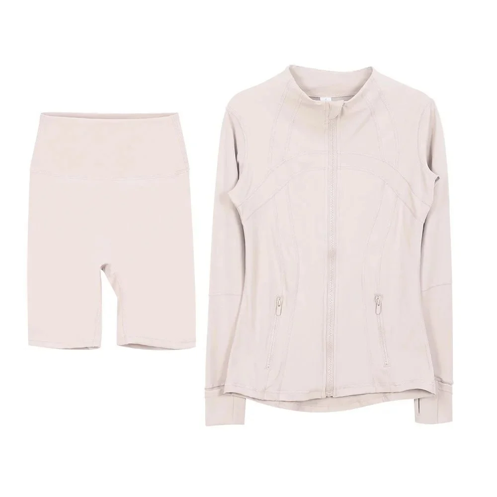 Other Co-ord Set Beige Yoga Shorts & Zip-Up Jacket Beige - 1