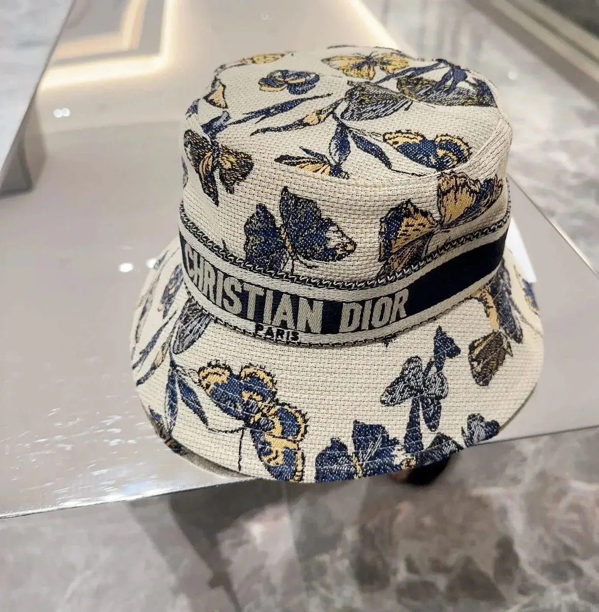 Dior Christian Dior Floral Print Bucket Hat Beige/Blue Accessory Beige - 1