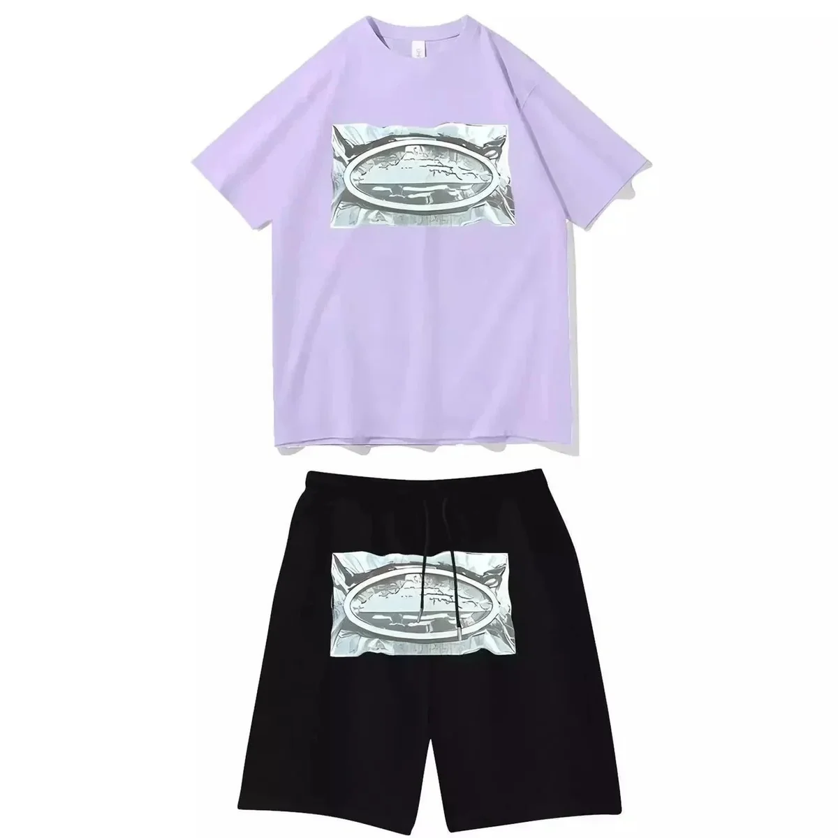 Other Lilac & Black Set with Foil Print T-Shirt and Shorts Black - 1