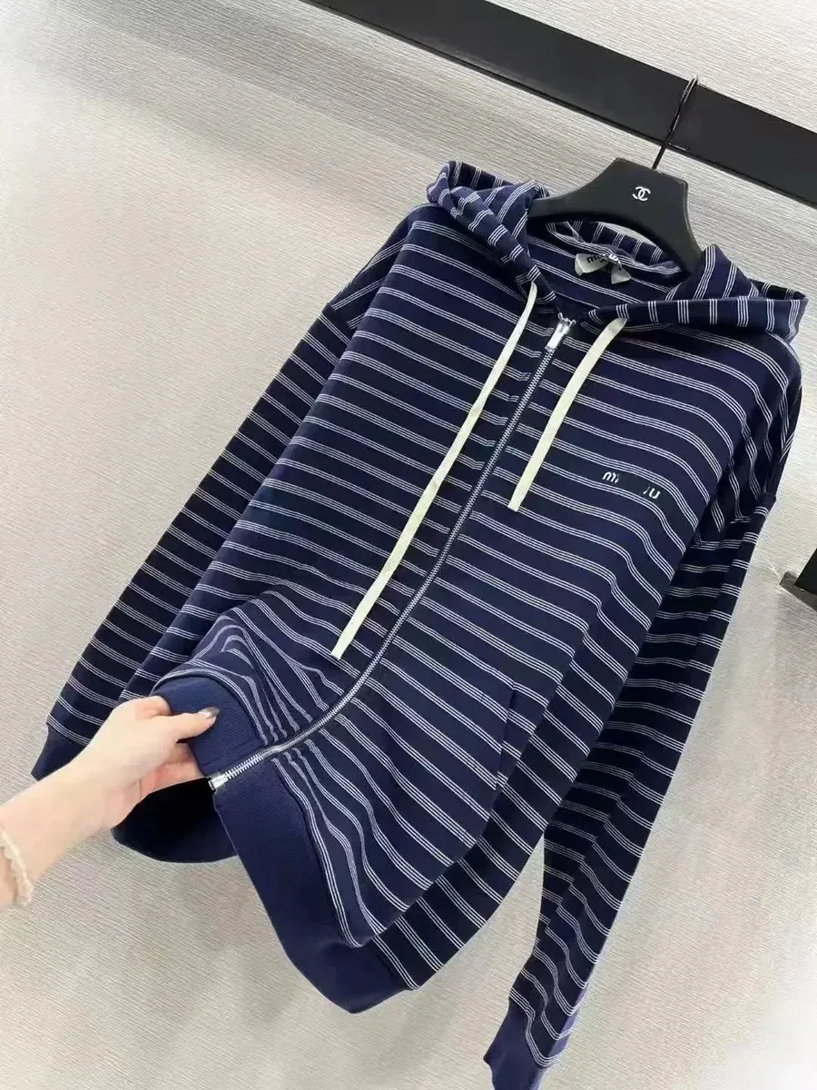 Chanel Chanel Striped Zip-Up Hoodie Navy Blue Navy