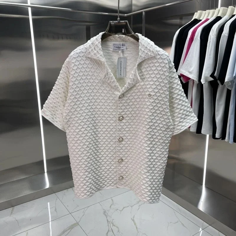 Other Unisex White Fishscale Knit Button-Up Shirt White - 1