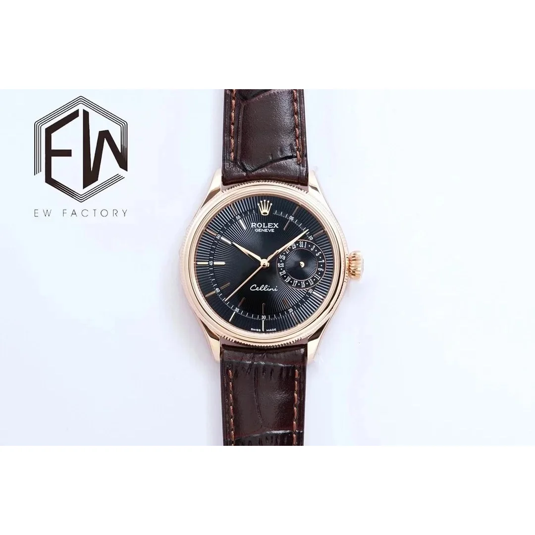 Rolex Rolex Cellini Black Dial Brown Strap Watch Black