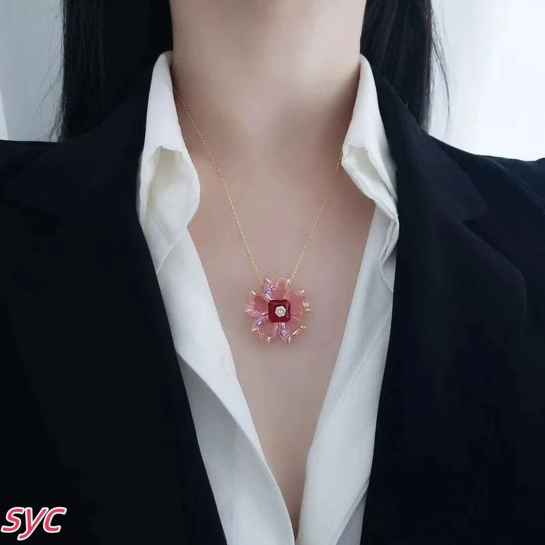 Other Floral Necklace with Pink Gemstone Pendant Pink - 1
