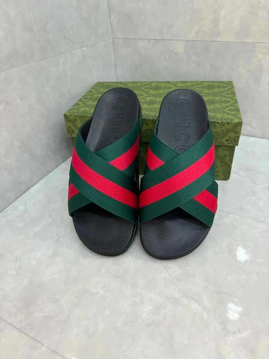 Gucci Gucci GG Supreme Green/Red Stripe Slide Sandals Multicolor