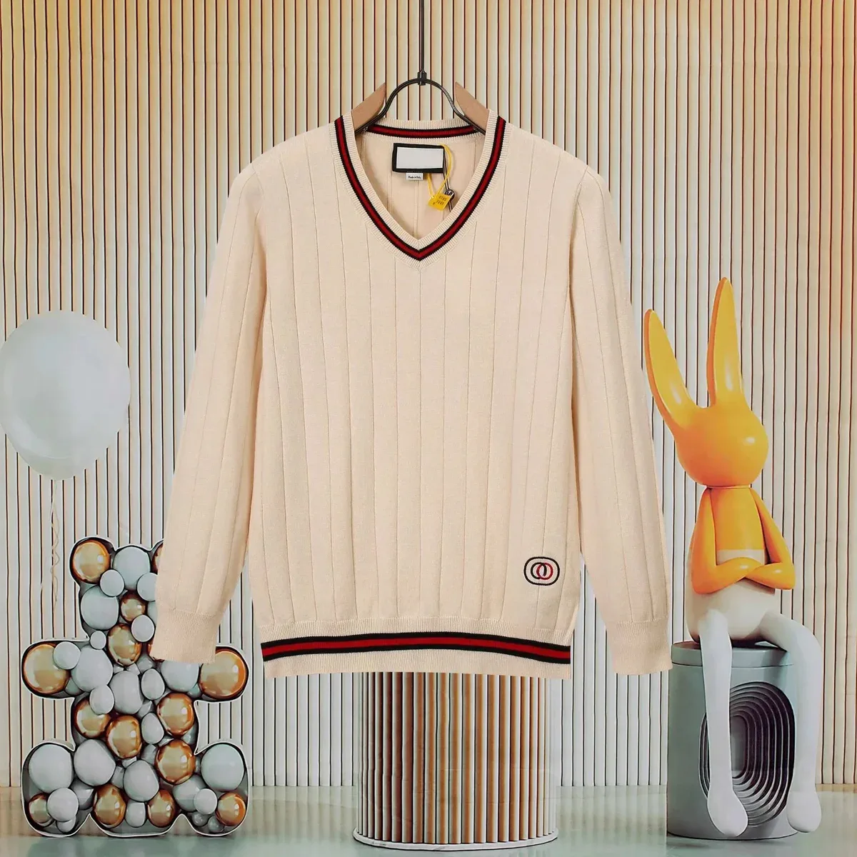 Gucci Gucci Ribbed V-Neck Sweater Off-White/Red-Black Trim Cream