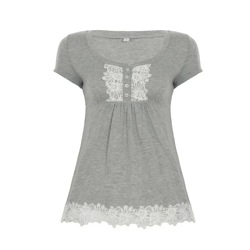 Other Lace Embroidered Grey T-Shirt Casual Top Grey - 1