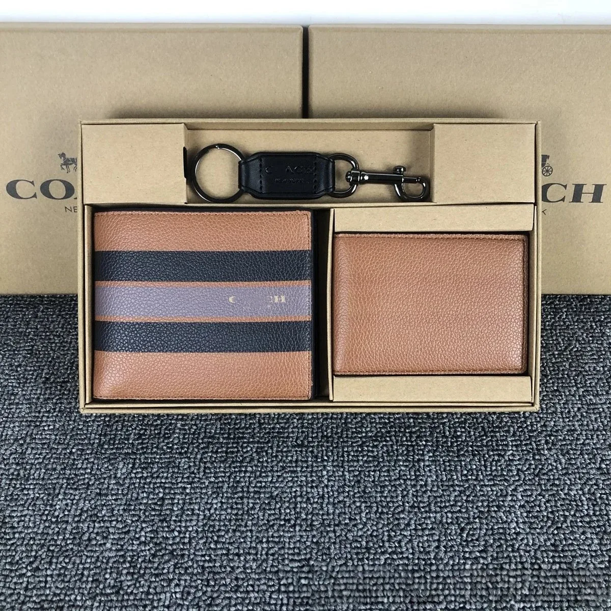 Coach Coach Striped Black Tan Leather Wallet Set Brown - 1