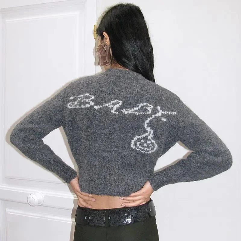 Other Gray White Text Knit Sweater Grey - 1