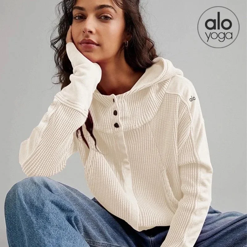 Alo Yoga Alo Yoga Waffle Knit Hoodie Sweater Cream Cream - 1